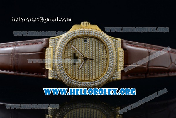 Patek Philippe Nautilus Miyota 9015 Automatic Yellow Gold Case with Diamond Dial and Brown Leather Strap - Click Image to Close